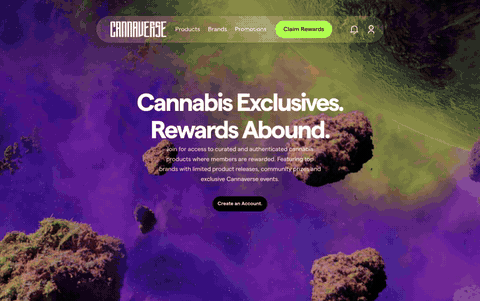 Animated view of the public Cannaverse landing page and its product-authentication rewards experience.